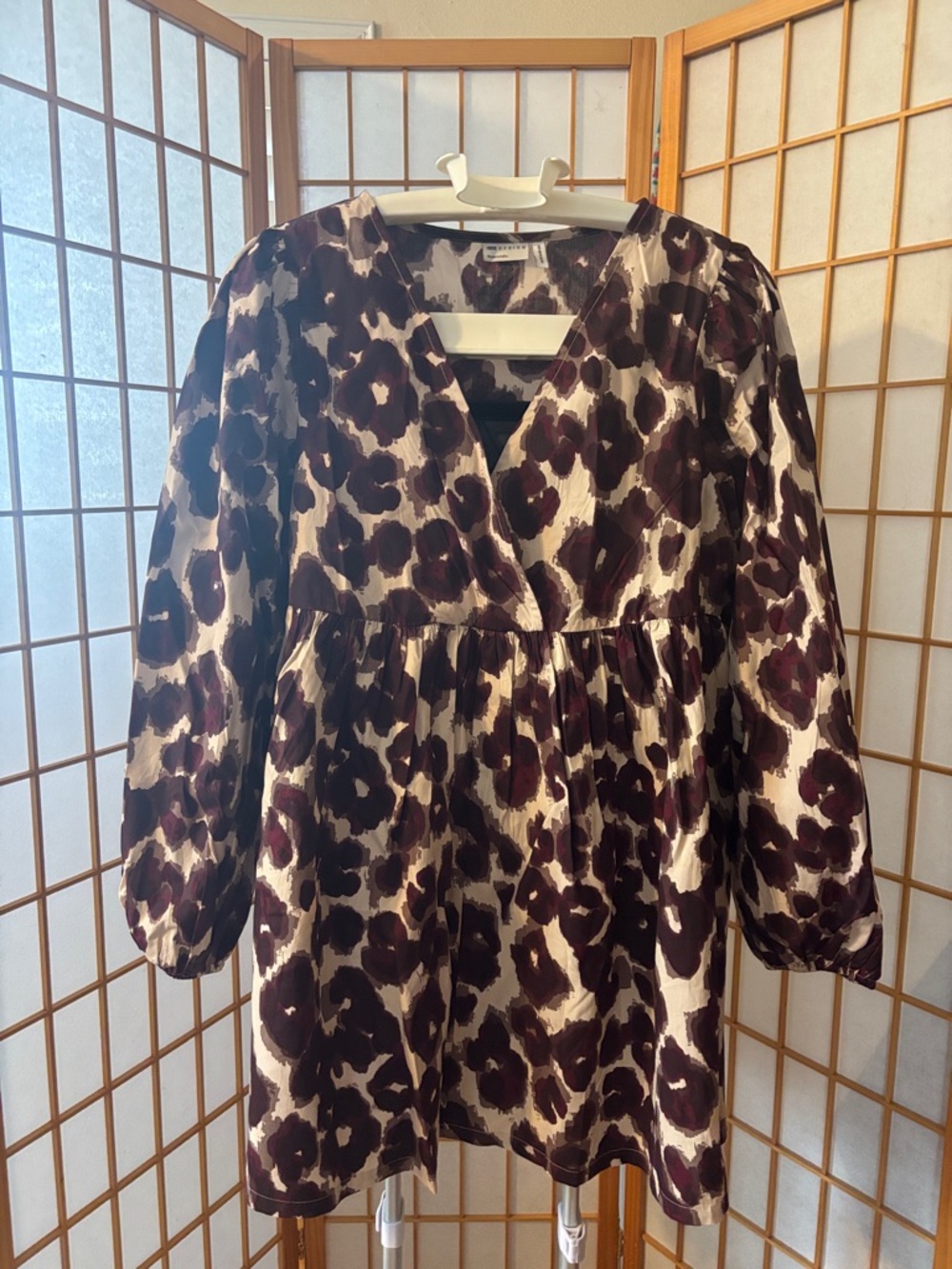 Woven V-Neck Long Sleeve dress- Brown/maroon/White Animal Print